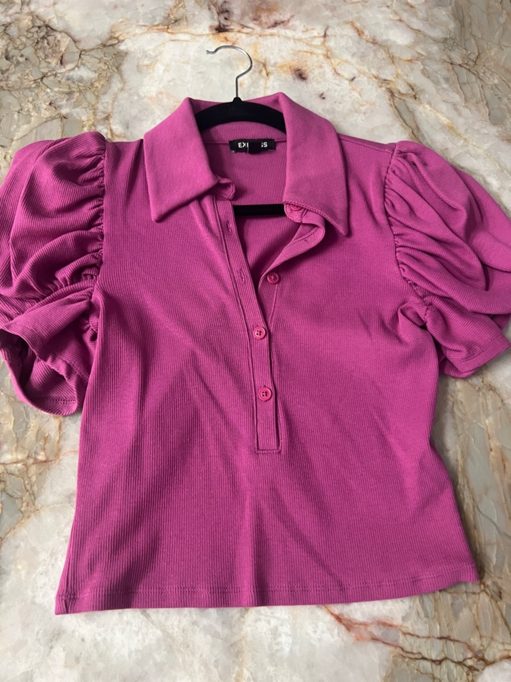 Express Fuchsia Puff-Sleeve Polo Top